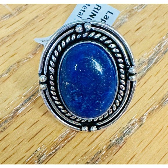 Lapis Lazuli Real Gemstone Ring 1 Inch Embellished Setting Ring Size 8 - Picture 4 of 8
